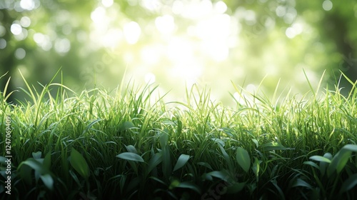 Morning dew glistens on vibrant green grass in a sunlit natural setting
