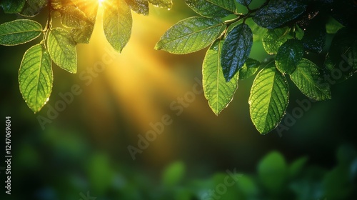 Sunlight filtering through lush green leaves in a serene forest setting