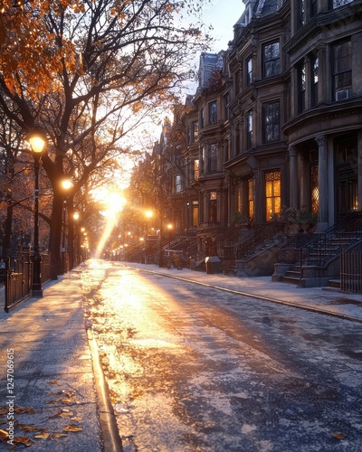 Serene sunset street view historic architecture district urban landscape autumn vibes