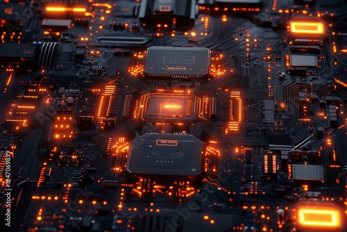 Close view of a luminous circuit board showcasing intricate patterns and brig...