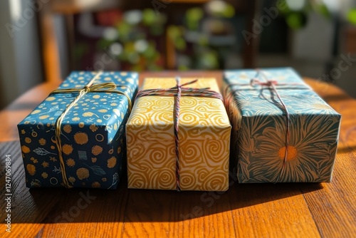 Colorful gift boxes on a wooden table, ready for a celebration outdoors in br...