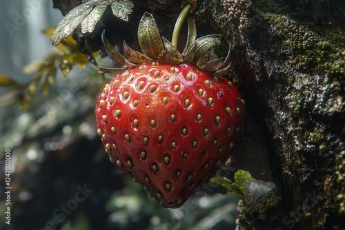Bright red strawberry sculpture hanging on textured natural background during...