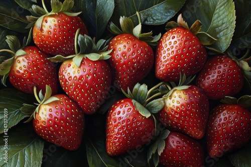 Fresh ripe strawberries nestled among green leaves ready for harvest and enjo...