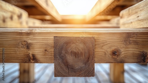 Wooden table detail with sunlight shining through in a cozy outdoor setting n...
