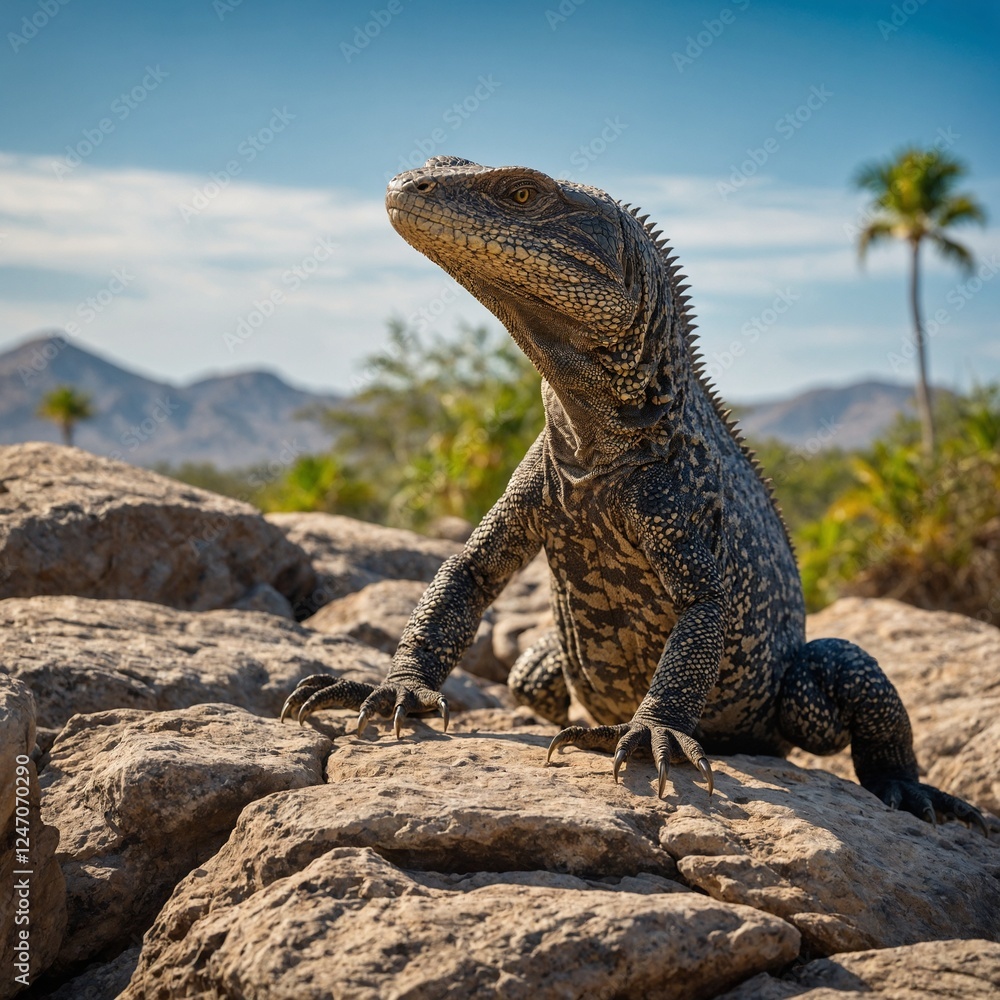 Fototapeta premium A majestic iguana basking on a rock in a sunny desert. A bearded dragon basking on a warm rock in a desert-themed setup