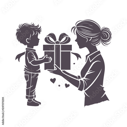 Mother and Son with a Gift Box Happy Mothers Day Silhouette Vector Design Illustration