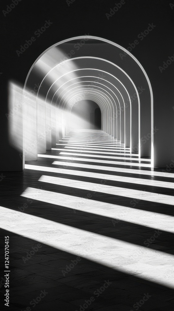 Obraz premium Illuminated archway minimalist gallery black and white interior perspective artistic vision