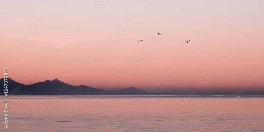 Sunset sunrise scene of the sea with pink sky. Sky sea and bird silhouette with mountain horizon background wallpaper Sunset sunrise scene of the sea with pink sky. Sky sea and bird silhouette with mountain horizon background wallpaper