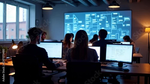 Team Collaboration In A Dimly Lit Workspace With Monitors Displaying Data Visualizations And Graphics Data Visualization And Graphics Data