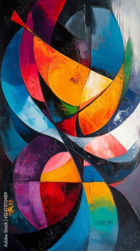 Abstract art featuring dynamic shapes and vibrant colors in an intricate arra...