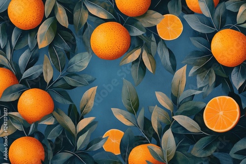 Lush orange grove with ripe oranges among vibrant green leaves in bright sunl...