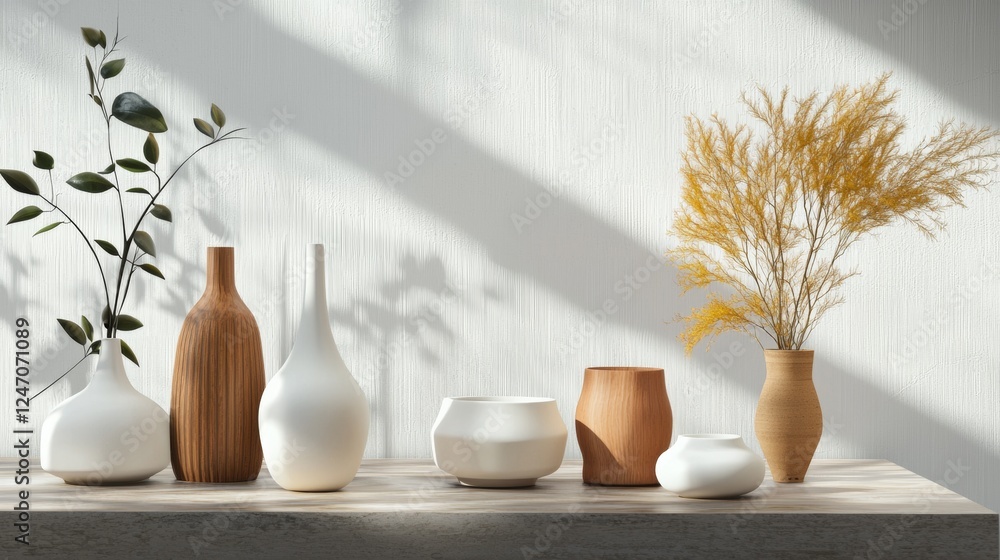 Minimalist shelf decor with white ceramics and plants
