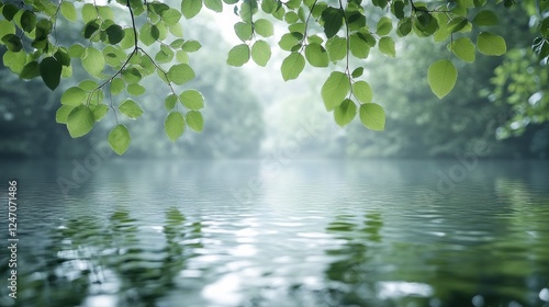 Sunlight filtering through leaves over a tranquil water surface in a lush nat...
