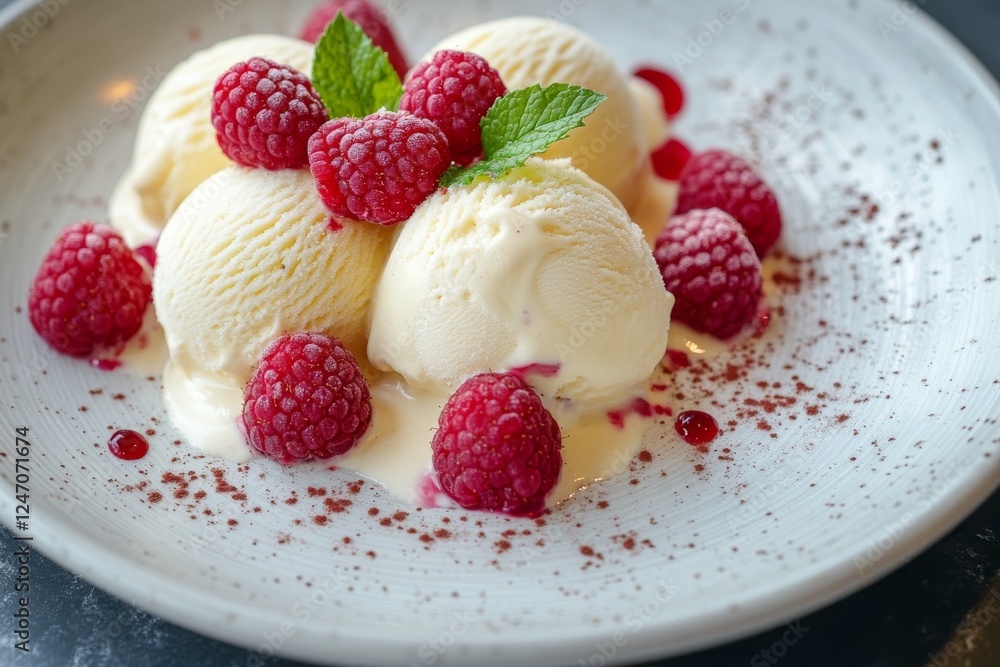 Creamy vanilla ice cream served with fresh raspberries and mint leaves for dessert Creamy vanilla ice cream served with fresh raspberries and mint leaves for dessert