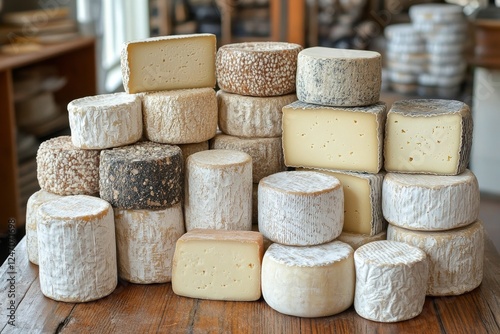 Variety of artisanal cheeses displayed in a rustic shop during the afternoon photo