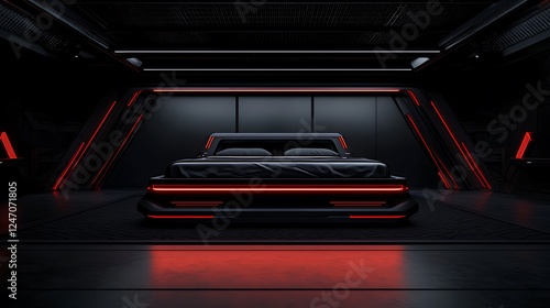 Wallpaper Mural Futuristic bedroom interior with sleek black bed, red lighting, and modern design elements Torontodigital.ca