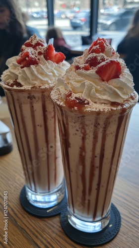 Delicious strawberry milkshakes topped with whipped cream and fresh berries i...