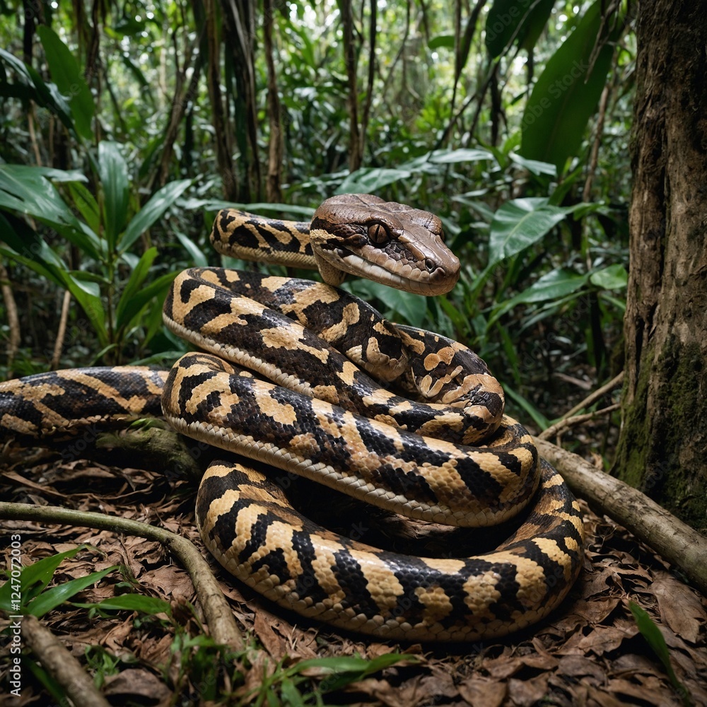 Fototapeta premium A boa constrictor coiled on a tree branch with sunlight filtering through the leaves. A boa constrictor basking under dappled sunlight on a tree. Nature’s Elegance: The Louisiana Pine Snake Gliding in