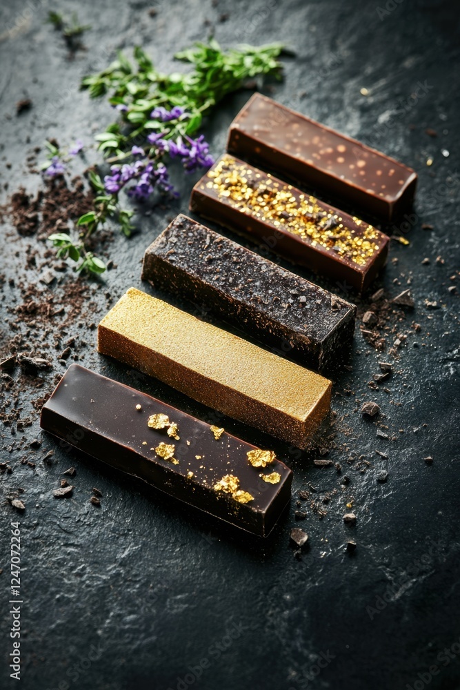 Gourmet chocolate bars with edible gold on textured dark background Gourmet chocolate bars with edible gold on textured dark background