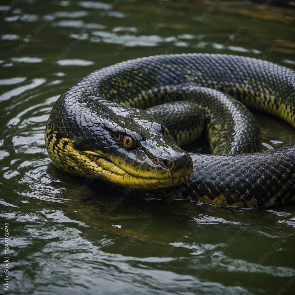 Obraz premium A green anaconda coiled near the banks of a clear Amazon river. grass snake natrix natrix A large snake in a body of water. Suitable for nature and wildlife concepts
