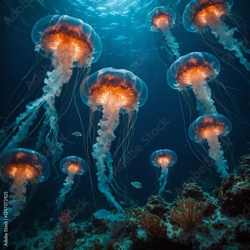 A deep-sea colony with glowing jellyfish-like structures.