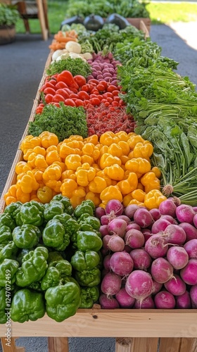 Colorful assortment of fresh vegetables and fruits arranged perfectly on a da...