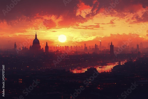Sunset over a city skyline with smoke and dramatic colors filling the horizon