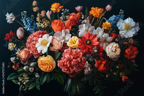 Vibrant floral arrangement showcasing a variety of blossoms in a dark setting