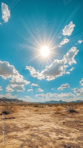 Sunlight radiates over majestic mountain peaks and fluffy clouds in a clear b...