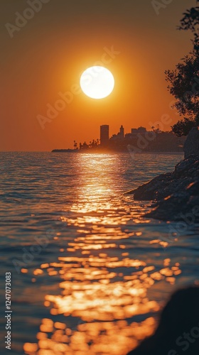 Vibrant sunset reflection on water with city skyline in the distance