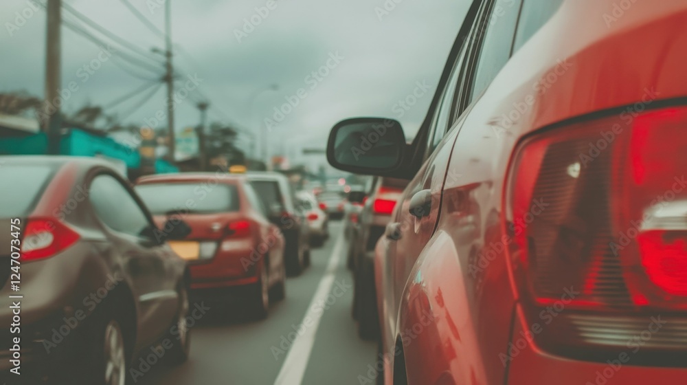 Fototapeta premium Urban traffic at dusk amidst cloudy skies capturing city commute scene