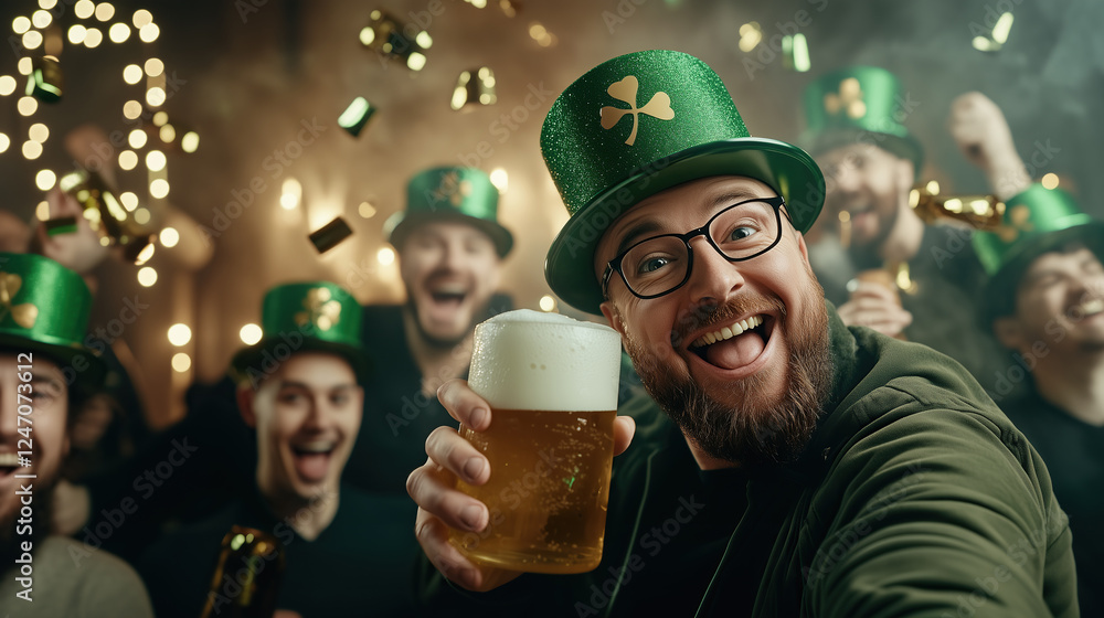 Cheerful smiling man with a beard wearing green hat take selfie and holding glass of beer in hand and having fun with friends at Saint Patrick day party in bar. Celebration of national Irish culture. Cheerful smiling man with a beard wearing green hat take selfie and holding glass of beer in hand and having fun with friends at Saint Patrick day party in bar. Celebration of national Irish culture.