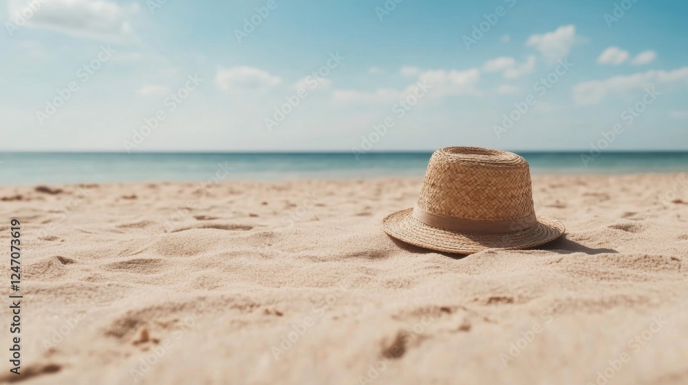 Straw Hat on Sandy Beach, Sunny Day, Vacation, Relaxation, Image for Travel Brochures, Straw Hat on Sandy Beach, Sunny Day, Vacation, Relaxation, Image for Travel Brochures,