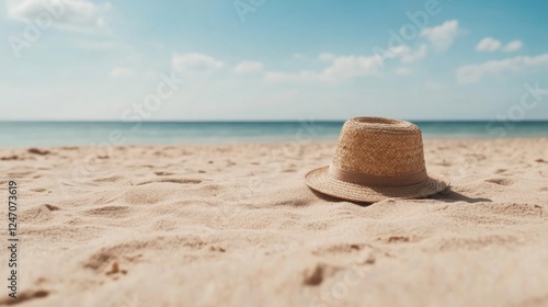 Straw Hat on Sandy Beach, Sunny Day, Vacation, Relaxation, Image for Travel Brochures, photo