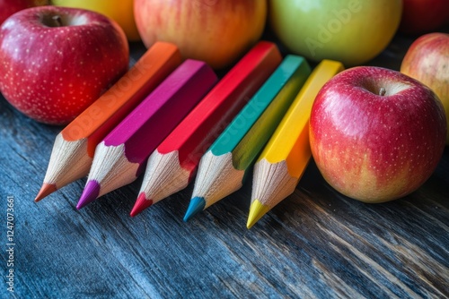 Brightly colored pencils arranged with fresh apples on a rustic wooden surface