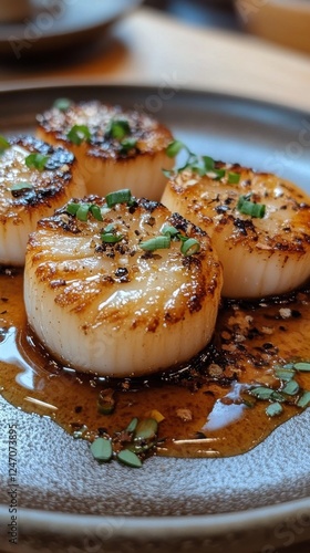 Grilled scallops served with savory sauce and fresh herbs for a delightful cu...