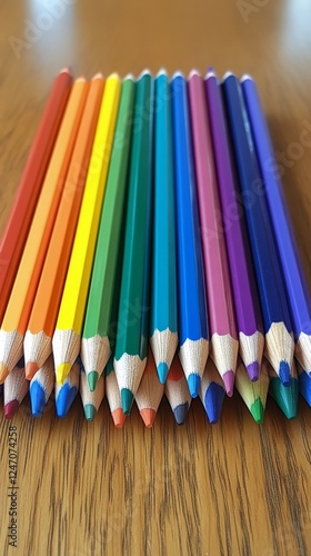 Colorful pencils arranged neatly on a wooden surface for artistic activities ...