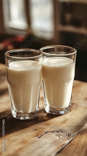 Two glasses of creamy beverage on a rustic wooden table in a cozy interior se...
