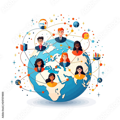 the connection of business team around the world. Vector illustration of education and science concept with globe. Social network symbol. People connected by lines.