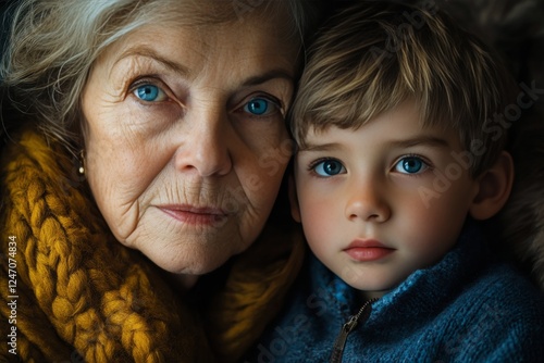 Close bond between grandmother and grandson captured indoors during a cozy mo...