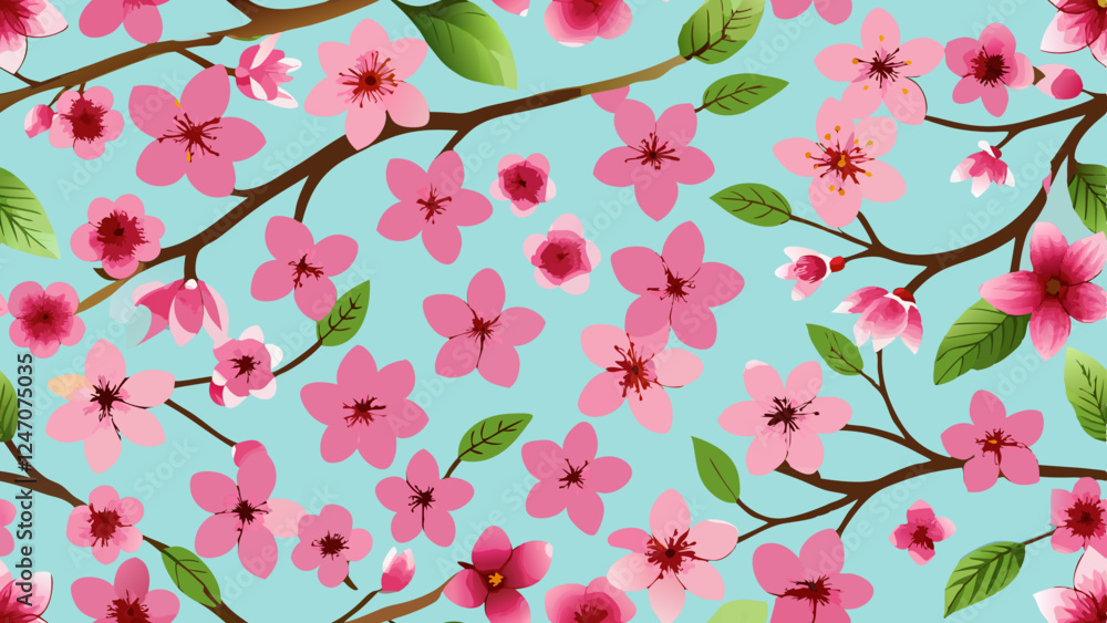 Generative ai. a painting of a tree branch with pink flowers and green leaves on a blue background Generative ai. a painting of a tree branch with pink flowers and green leaves on a blue background