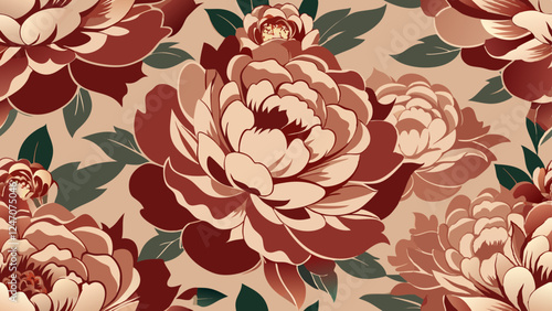 Generative ai. a seamless floral pattern with red and beige flowers and green leaves on a beige background. The flowers are arranged in a repeating pattern, creating a beautiful design