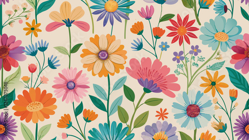 Wallpaper Mural Generative ai. a vibrant painting of colorful flowers and leaves on a white background. The flowers are painted in a variety of colors, including pink, yellow, blue, and purple, and the leaves are a d Torontodigital.ca