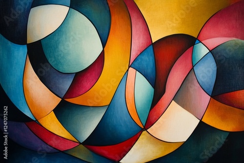 Colorful abstract shapes create dynamic patterns in modern artwork displayed ...