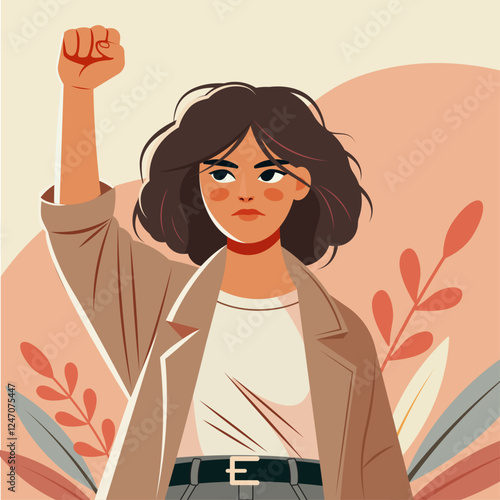 Strong woman raising fist in empowerment and protest. March 8th