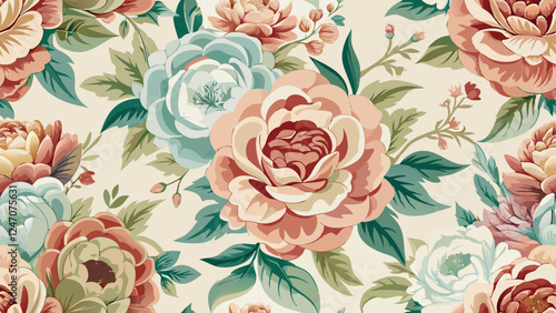 Generative ai. a vintage floral wallpaper with pink and blue flowers and green leaves on a white background. The flowers are arranged in a seamless pattern, creating a beautiful and eye-catching desig