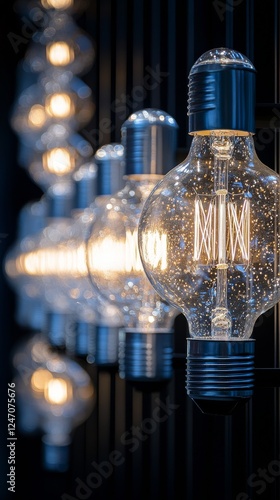 Decorative light bulbs illuminate a modern indoor space with a warm glow and ...