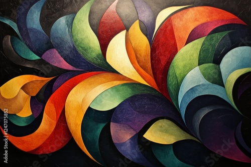 Colorful abstract artwork featuring flowing shapes and vibrant hues against a...