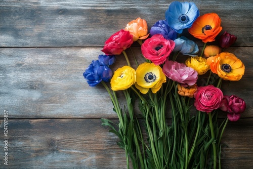 Colorful assortment of fresh flowers arranged on a wooden surface
