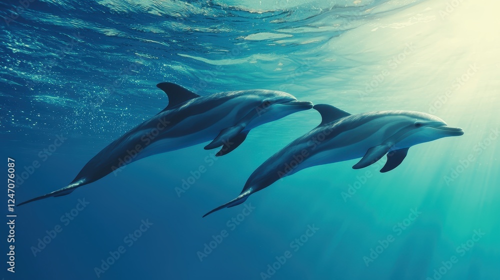Fototapeta premium World wildlife day with conservation and marine concept. Dolphins swimming gracefully in a serene underwater scene.